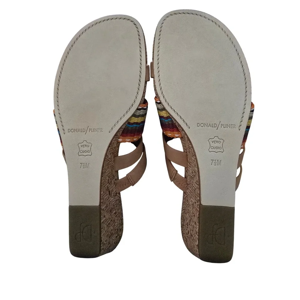 Donald Pliner Womens 7.5M Tan Multi Color Woven Leather Cork Wedge Sandals Italy